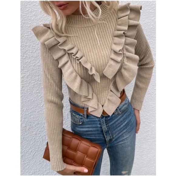 Navy Blue Ruffle Detail Fitted Knit Sweater Top - Picture 4 of 7